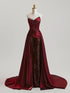 Wine Red Satin and Sequins Long Strapless Party Dress, Wine Red Long Evening Dress